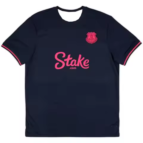 Men's Quick Dry Breathable Short Sleeve Everton Football Jersey, Navy Blue Pink Trim Crew Neck Sport