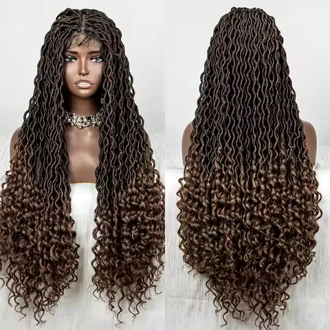 Lace Front Synthetic Faux Locs Wig Curly Ends 9x6 Lace Curly Faux Locs Wig 32 Inch Knotless Long Cur