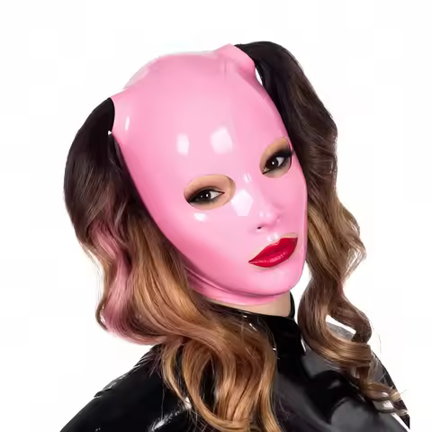Pink Latex Hood Mask With Hair Holes Riding Mask Rubber Head Mask Double Ponytail Hole(no hair) Unis