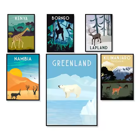 Vintage travel poster, Kenya, Mount Kilimanjaro, Tanzania, Borneo, Africa, Namibia, Lapland, Greenla