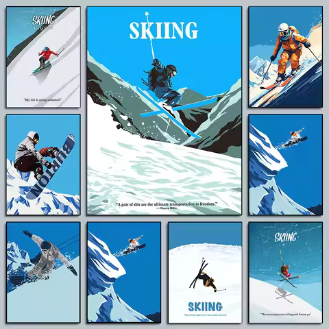 Vintage Minimalist Skiing Winter Sports Posters Ski Lodge Cityscape Prints Canvas Painting Wall Pict