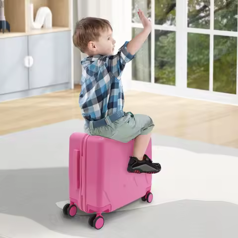 Pink 18" Kids Ride-On Suitcase—ABS/PVC/Iron Alloy, 4 Silent Wheels+2-Stage Rod(67/85cm) 37L Capacity