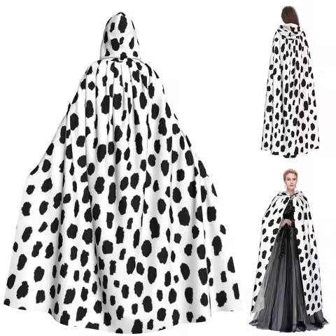 Dalmatian Dog Texture Long Hooded Cloak Witch Medieval Costume Cosplay Cape HalloweenParty Adult Uni