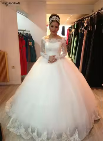 Luxury Ball Gown White Long Sleeves Wedding Dresses 2023 Lace Dubai Arabic Wedding Gown Bride Dress 