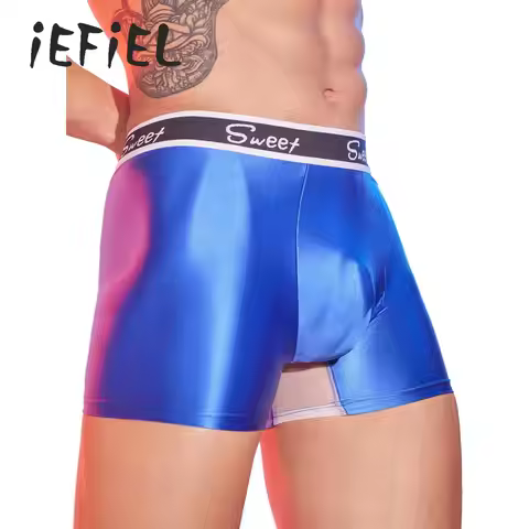 Mens Swim Trunks Glossy Swimwear Brazilian Bikini Surf Boxer Briefs Bulge Pouch Stretchy Board Short