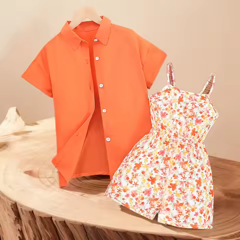 Teens 2Pc Set Kids Girl Jumpsuit Shirt Short Sleeve 8-12Y Summer Casual Oregon Floral Children Suit