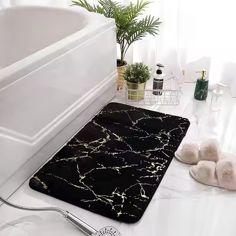 Inyahome Marble Bathroom Rugs Nonslip Black Gold Bathroom Mats Ultra Soft Washable Bath Mats for Bat