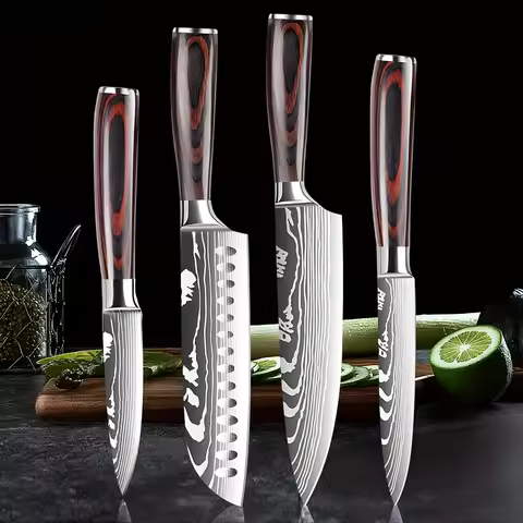 4 PCS Kitchen Knives Set Chef Knife Sets 4Cr13 Stainless Steel Damascus Pattern Pakkawood Handle Par
