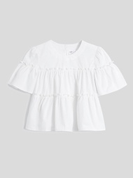 女童裝|純棉分層褶皺短袖襯衫-白色