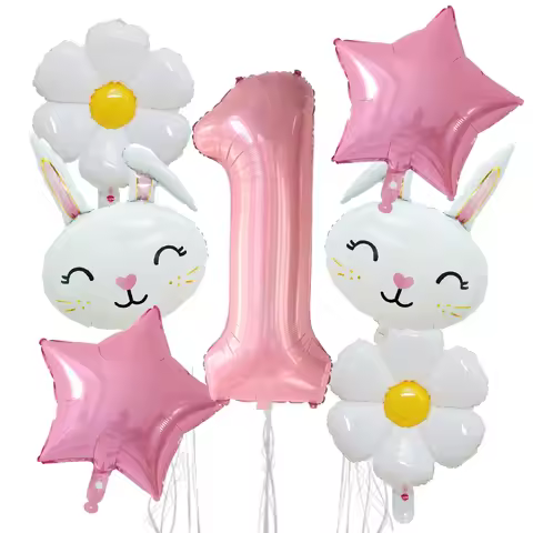7pcs Bunny Balloons Pink Rabbit Birthday Party Supplies Balloon Bunny Rabbit Head Balloon Flower Bal