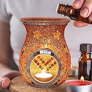 SHMILMH Essential Oil Burner, Incense Aromatherapy Oil Diffuser, Fragrance Warmer, Mosaic Glass Tealight Candle Candle Holder Burners for Home Room Decor, Orange, 5.5" H
