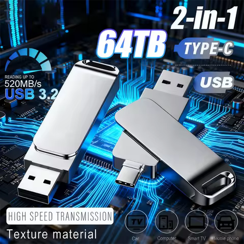 64TB USB 3.2 Flash Drive 520MB/s High Speed 2in1 TypeC OTG Pen Drive Waterproof Large Storage for Ph