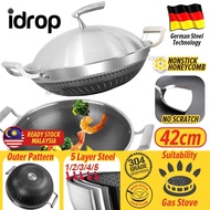 idropmy 42CM Kitchen Honeycomb Non Stick Cooking Frying Wok SU304 Stainless Steel with Lid Cover