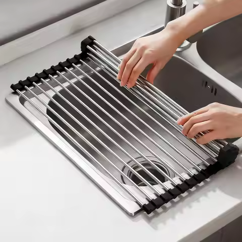 Dish Drying Rack Roll Up Over Sink Kitchen Organizer 17.5 x 15.7 Inches Black Space Saving Design
