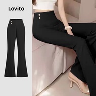 Lovito Elegant Pants Double Button Asymmetrical Spring/summer Black Pants for Women L150ED682 Lovito