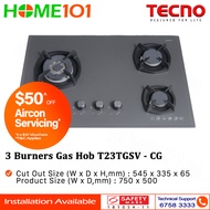 Tecno Glass Cooker Hob 3 Burners T23TGSV - Ceran Grey- LPG / PUB - FREE INSTALLATION