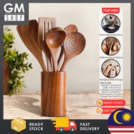 GMSHOP 6pcs Wooden Spoon Spatula Soup Spoon Tableware Wooden Kitchen Utensil Set Wooden Spoon Holder