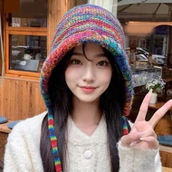 Rainbow Striped Knitted Hat For Women Retro Wool Hat Ear Protection Warm Face Small Winter Hat O0j0