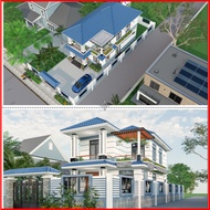 Dk188 7m3x12m5 2-story House Design Drawing Printed on A3 Paper, Full 3D Color, Architecture, Struct