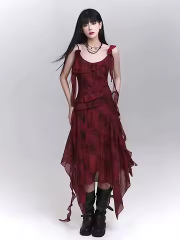 Punk Women Strap Dress Irregular Red Cami Dress Ghost Girl Stunning Slip Dress For Beach Vacation Co