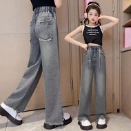 🍒muying🍒 denim pants kids girl love wide leg pants  Medium and Big Kids Casual Long Pants