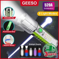 GEESO Zooming Flashlight 520A LED Zoomable Flashlight With Sidelight Super Bright White Red Blue
