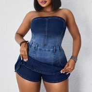 4th Of July Plus Size Women's Denim Strapless Pleated Sexy Jumpsuit Milkmaid Dress Women Spring Outf