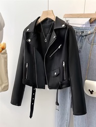 ฤดูใบไม้ผลิและฤดูใบไม้ร่วงผู้หญิงสั้นอเมริกัน Retro Pu รถจักรยานยนต์หนัง Slim Jacket
