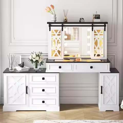 Large Vanity Desk with Mirror and Lights, Farmhouse Makeup Vanity with Jewelry Armoire Cabinet Stora