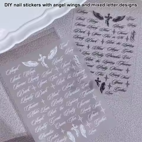 ●Black White Letter Words Nail Stickers Angel Wings Letter Mixed Designs Holographic Y2K Nail DIY De