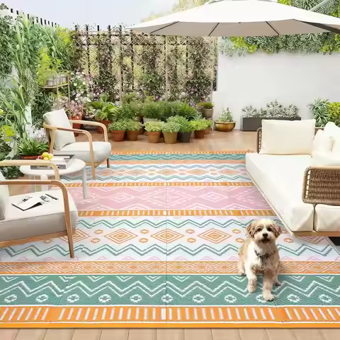 9x12 Waterproof Outdoor Rug, Reversible Plastic Straw Mat for Patio, Deck, Beach - UV Resistant & Ea