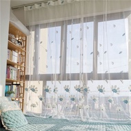 White Flower Embroidery Sheer Curtain Blue Flower and Leaf Embellishment Suitable for Bedroom Bay Window Balcony Transparent Panel HC WP440