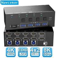 Navceker 8K KVM Switch HDMI 4 Port 4K 144Hz USB 3.0 KVM Switch 4 PC 2 Monitor EDID Emulator Dual Mon