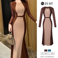 ZY.HT EraVogue เดรสผู้หญิง เดรสสีฟ้า สีน้ำตาล เดรสแขนยาว เดรสหางปลา เดรสไฮโซ เดรสออกงาน เดรสไปงานแต่