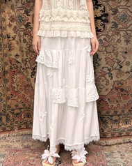 Rotsaniyom White Boho Maxi Skirt with Lace details