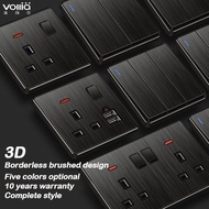 VOLLIA Rimless 13amp Electric Wall Sockets and Switches 1/2/3/4 Gang 1/2 Way International Modern Light Switch Off/on Lamp Double Multi Wall Socket with USB 20A Water Heater Switch 3/6 Pin Plug Power Socket Universal Black Panel Dimmer Switch for House