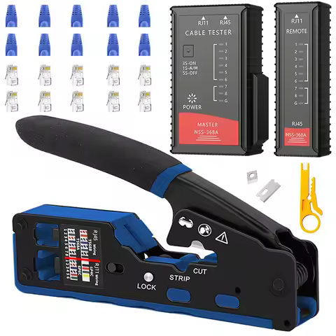 RJ45 RJ11 Crimp Tool Kit Pass Through Cat6 Crimping Tool For Cat5 Cat5e Cat6 8P6P Connector, All-in-
