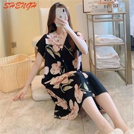 【Shengh】ready stock】night dress cotton silk sleepwear plus size pajamas women sleeping dresses home 