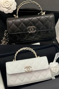 Chanel 25s kelly with top handle 長款 橫版 黑色 白色 荔枝牛皮 手柄 鏈條手袋 手機袋 woc wallet on chain