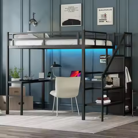 Bunk bed.Full Size Metal Loft Bed with Desk and Wardrobe,Heavy Duty Loft Bed Frame with Storage Stai