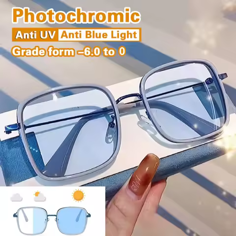 Square Photochromic Myopia Glasses Women Men Fashion Large Square Frame Nearsighted Eyewear Anti Blu