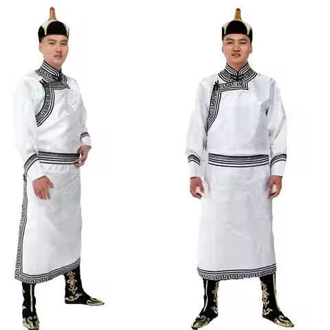 Men Mongolia White Gown Robe Dance Performance Clothes Men's Adult Mongolian Wedding Daily Clothing 