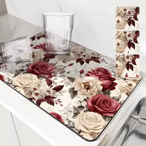 Kitchen Absorbent Drying Mat Plant Flower Rose Watercolor Kitchen Table Decoration & Accessories Col