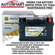 Medex Car Battery DIN72 57220 12V 72AH Maintenance Free for Toyota Hilux/Innova/Fortuner/Navara T6