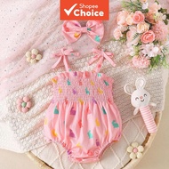 Pink Heart Print Smocked Strappy Romper Headband Set Sweet Style Summer Outfit/girls clothes 0-3 new