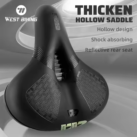 WEST BIKING Wide Soft Bicycle Saddle Hollow Shock Absorption MTB Bike Seat Breathable Reflective/Lum