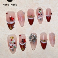 1Package/10Pcs Christmas Press On Nails Almond Shape, Red French Tip Glitter Nails, Xmas Nails With 