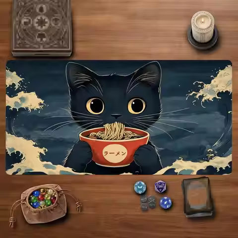 Cat Eating Ramen TCG Playmat Mouse Pad Playmat 24"X14" MTG TCG Office Desk Mat for Work Game PC Lapt