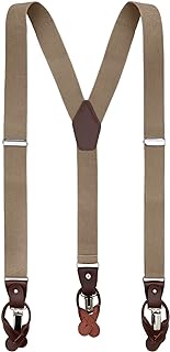Men's Solid Elastic Suspenders Braces Convertible Leather Ends and Clips Y-Back, Biscotti, One Size