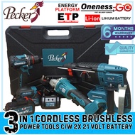 "PECKER -  3IN1 IMPACT DRILL, ANGLE GRINDER & ROTARY HAMMER C/W 2X 5.0AH BATTERY -21V & CHARGER"